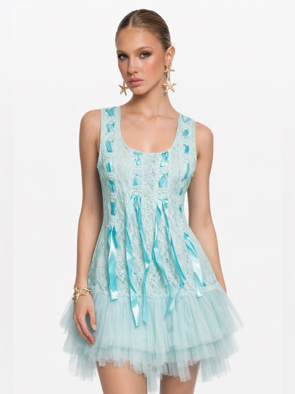 MISS SHOP Lace Tiered Tulle Dress with Ribbon Detail Sleeveless Aqua Teal Large